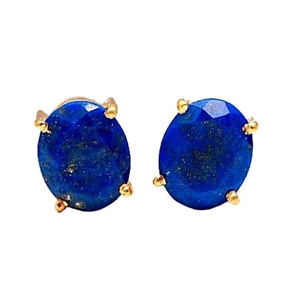 NWT Oval Stud Earrings Natural Lapis Lazuli 18K Gold Plated Setting - Picture 1 of 12